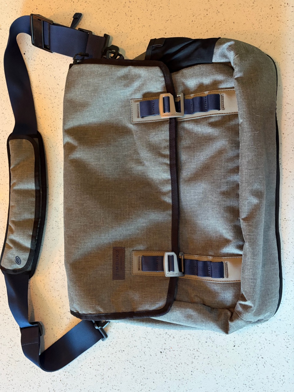 Men's Gray Crossbody Messenger Bag with Navy Strap